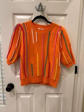 THML Orange Short-Sleeve Crewneck Sweater with Multicolor Stripe Details